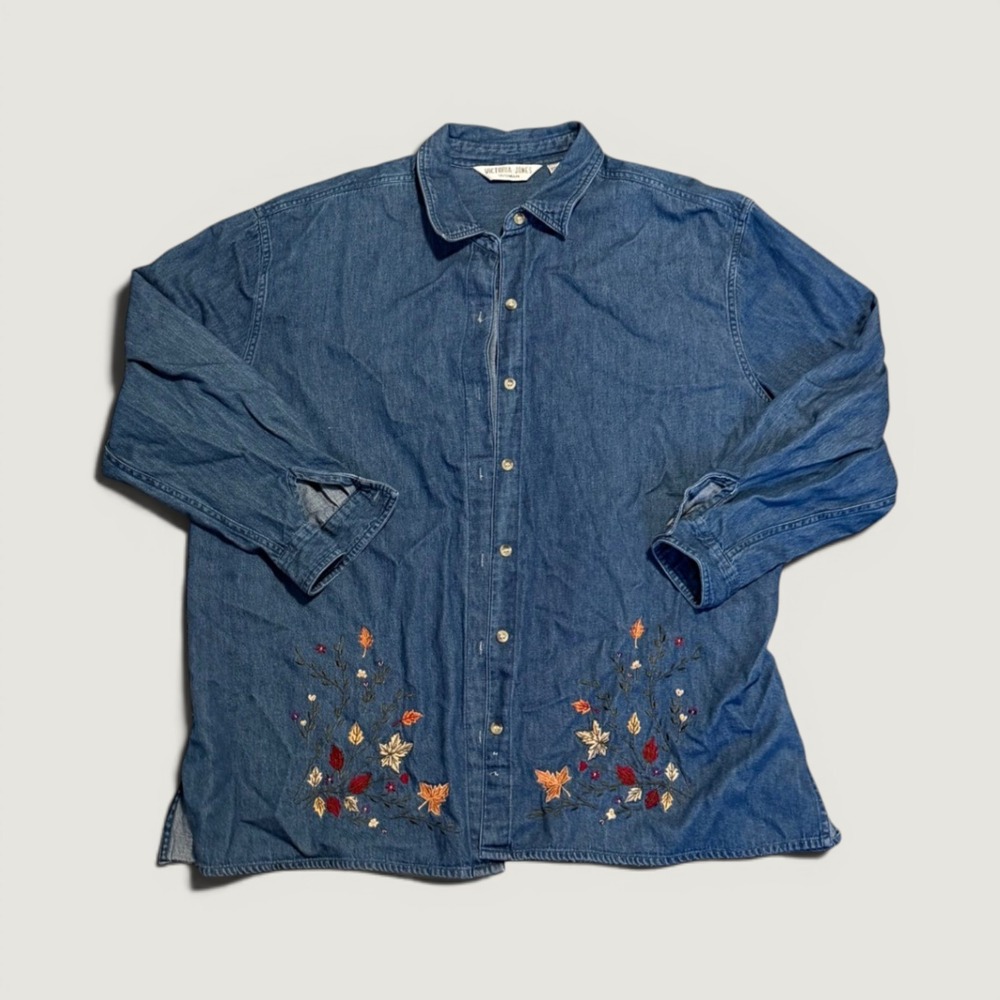 Victoria Jones Woman Blue Denim Embroidered Fall Leaf Button Down Shirt 2X